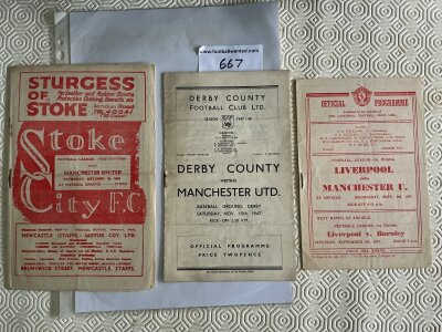 1940s Manchester United Away Football Programmes: 47/48 Liverpool, Derby, 48/49 Stoke. Very good. (3)