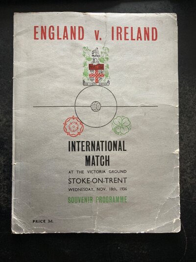 1936 England v Ireland Football Programme: Full International played at Stoke. Spine is split half way as special edition cover has centre fold and creasing. Inside very good with no team changes.