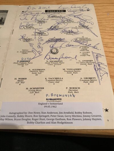 1962 Fully Signed England Football Programme: Switzerland home programme is signed on the team page by all the England players and substitutes. Autographs include Bobby Charlton, Armfield, Flowers, Eastham, Hunt, Moore, Greaves and Haynes. 18 signatures in total.