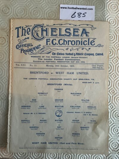 1925 - 1926 West Ham v Brentford At Chelsea Football Programme: Ex bound single sheet London FA Charity Cup semi final in excellent condition dated 26 10 1925 with no team changes.