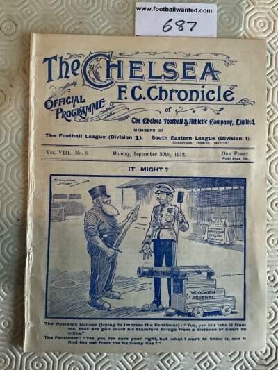 1912 - 1913 Chelsea v Woolwich Arsenal Football Programme: Ex bound 8 page London Professional Charity Cup match in excellent condition dated 30 9 1912 with no team changes.
