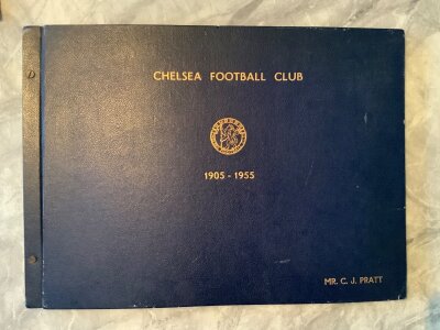 1955 Official Chelsea Directors 1955 Photo Album: Stunning large blue album embossed to cover Chelsea Football Club 1905 - 1955 with club badge and name Mr CJ Pratt. Neatly clipped into album are 33 original photos to include the players and staff in 1955 who had just won the 1st division championship plus everyone at the dinner and great pictures of the trophies won. Includes menu for winning the championship and invites to include Charity Shield dinner.