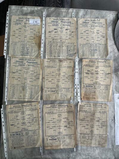 Chelsea Home War Time Football Programmes: From 43/44 Watford, West Ham League + Cup, Watford Cup, 44/45 Southampton, West Ham, Millwall, Portsmouth, Tottenham. League matches unless stated in overall fair condition with writing folding and sometimes a bit of wear to edges. (9)