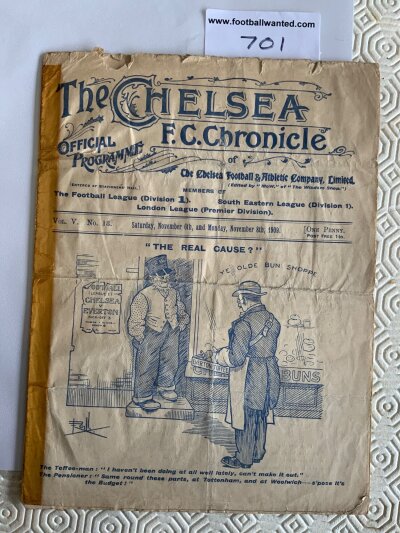 1909 - 1910 Chelsea v Everton Football Programme: Divion 1 programme doubles up as match QPR v Tottenham in the London FA Cup semi final. Poor/fair condition with tape to spine heavy fold and wear to top edge.