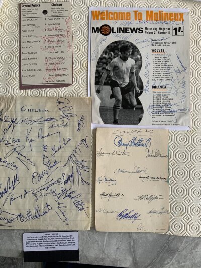 Chelsea Football Autographs: 51/52 squad on lined page with separate index naming players. C/W an autograph page in the format of a team line up with 11 autographs to include Bentley and Gray. Also included is a cut out from a 70/71 tram line up signed by 8 and 69/70 x 11 both stuck down. (4)