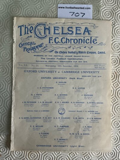1924 - 1925 Oxford v Cambridge University Postponed Football Programme At Chelsea: Single sheet ex bound excellent condition programme dated 10 12 1924 which was postponed.