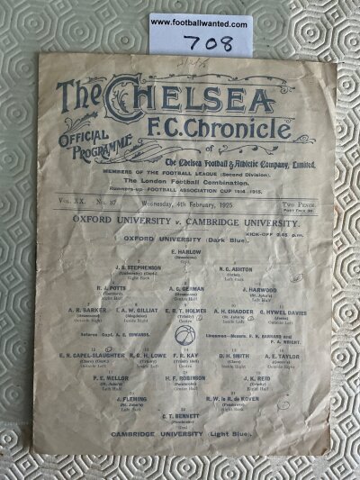 1924 - 1925 Oxford v Cambridge University Football Programme At Chelsea: 8 page good condition programme dated 4 2 1925.
