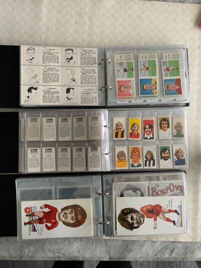 Football Card Albums: Three albums of cards full with a wide variety of full and part sets. Lots of modern sets including Busby Babes, Golden Wolves, Newcastle All Time Greats, Aston Villa, England Captains, Forest Kings Of Europe, Vintage Footballers, Liverpool 1970s player Postcards, British Internationals 1950-1952. Old sets include Sun Soccercards and much more. Poor condition A + BC cards in an additional folder.