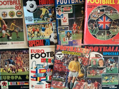 Football Card Sticker Albums: Incomplete albums to include Panini Football 78, Football 79, Football 80, Europa 80, Euro 76. C/W Ava Americana Football Special 79, Football Special 78 and Tops Sellers 77. Mainly good. (8)