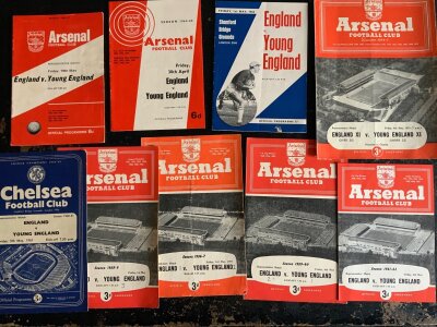 England v Young England Football Programmes: 8 different from the annual mid 50s to mid 60s match all played at either Chelsea or Arsenal. Very good with 3 having score to cover. (9)