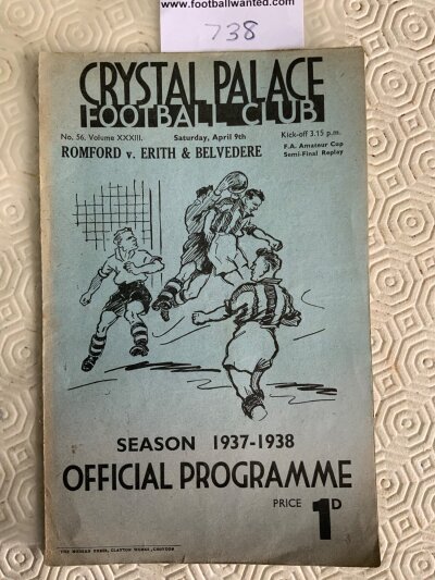 37/38 Amateur Cup SF Replay Romford v Edith + Belvedere: Football programme of replay played at Crystal Palace. Good condition 4 pager with pencilled writing.