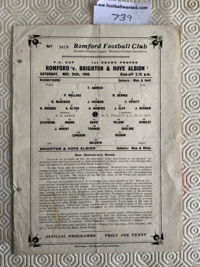 Romford v Brighton FA Cup Football Programmes: Harder to obtain 1st round match. Single sheet has two punch holes and folding but no team changes.
