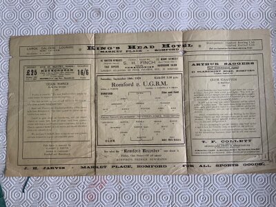 Romford 29/30 First Match At Brooklands Football Programme: Newly founded Romford who folded in 1920 made there league comeback at home in this league match v UGBM. Fair condition gatefold programme has folding a tiny hole and a footprint but no team changes. Piece of history. C/W 37/38 Redhill in excellent condition and 34/35 Hardwick + Parkeston division final which has wear. (3)
