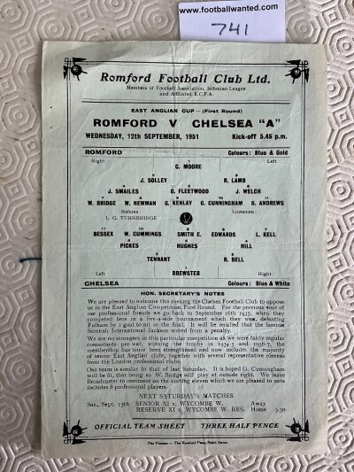51/52 Romford v Chelsea Football Programme: East Anglian Cup single sheet in very good condition with no team changes.