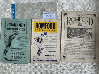 Romford v Arsenal Football Programmes: 1952 East Anglian Cup final, 53/54 East Anglian Cup and a friendly v an Arsenal X1 in 47/48. Good. (3)