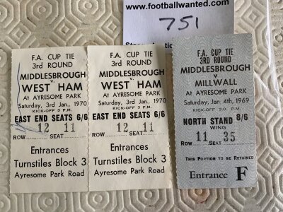 1960s Middlesbrough FA Cup Football Tickets: One section of stub for 68/69 v Millwall and 2 attached stubs for 69/70 v West Ham. Excellent. (2)