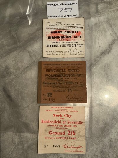 FA Cup Semi Final Football Tickets: 1946 Derby v Birmingham, 1951 Newcastle v Wolves, 1955 York v Newcastle. Good. (3)