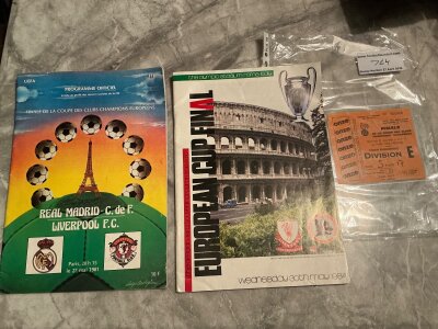 1981 European Cup Final Programme + Ticket: Real Madrid v Liverpool played in Paris. Excellent condition programme and ticket. C/W 1984 final programme Liverpool v Roma. (3)
