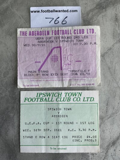 81/82 Aberdeen v Ipswich Town UEFA Cup Football Tickets: Tickets for both legs of the first round matches in September 1981. Good. (2)
