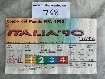 1990 World Cup Final Football Ticket: West Germany beat Maradonas Argentina in the final in Italy. Original ticket is in excellent condition.