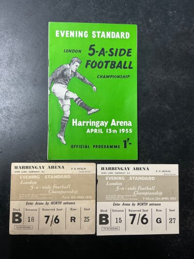 London 5 A Side 1955 + 1958 Football Tickets: 1955 was the yearbFulham beat West Ham comes with programme plus 1958 ticket was the year Orient won the tournament. (3)