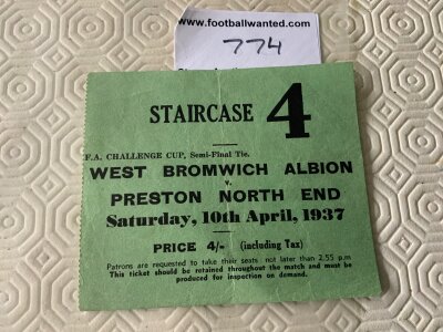 1937 FA Cup Semi Final Football Ticket: West Brom v Preston played at Arsenal in good condition with light folding.