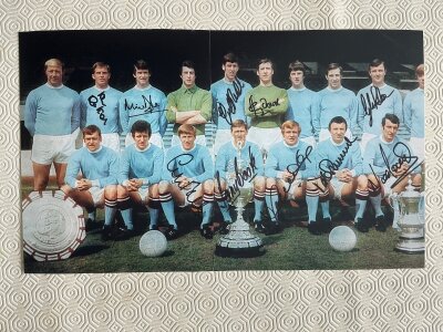 Manchester City Signed Football Magazine Pictures: 1969 team signed by 10 and many others from the 69s and 79s to include Bell Summerbee Doyle Corrigan Lee and Book. Most are large pictures neatly kept in collectors folder.