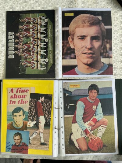 Everton + Burnley Signed Magazine Pictures: Mainly large pictures hand signed without dedication with some duplication of a few players. Mainly 60s with a few earlier and later. (est 100)