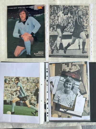 Coventry Leicester + Stoke City Football Autographs: Mainly 70s the majority large kept in collectors folder. Players for Leicester include Roffe Sammels Birchenall Glover Wallington and Shilton. Stoke includes Ritchie Dobing Conroy Salmons and Smith. Coventry having Hutchinson Hunt Glazier Carr and Clements. (est 110)