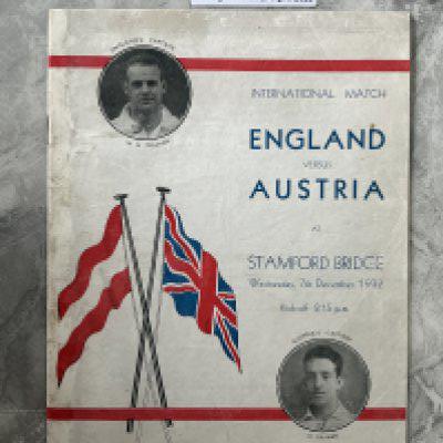 1932 England v Austria Football Programme: Good condition with no team changes after professional repair to spine for full international played at Chelsea. 