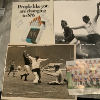 England Football Autographs: Signed page by P Neal R Clemence T Francis, postcard by Keegan McDermott Wilkins, 2 late 60s press photos unsigned, Alan Ball Schweppes jam lid. A few loose autographs including T Medwin C Jones T Finney E Shepherd G Hardwick A Stephenson and more. Instructions to sell. 
