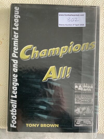 Football League + Premier League Champions Signed Football Book: Hardback book by Tony Bown with each page dedicated to the teams fixtures results etc in the season they won the top division in English football. Signatures start in 53/54 with 3 Wolves players then every page except Burnley 59/60 has autographs with some having many. Arsenal 70/71 x 10, Derby 71/72 x 9, Leeds 73/74 x 8, Derby 74/75 x 7, Liverpool 75/76 x 10, 76/77 x 8, Notts Forest 77/78 x 12, Liverpool 78/79 x 6 and a similar pattern onwards up to the Millennium. Stunning book with all players identified.