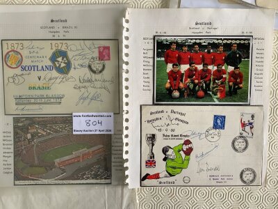 Scotland Football Team Signed First Day Covers: 1966 Scotland v Portugal FDC signed by Jim Baxter Billy Bremner and John Greig. A further FDC for 1973 Scotland v Brazil signed by 10 including Bremner McGrain  Jordan Connelly and Johnstone. (2)