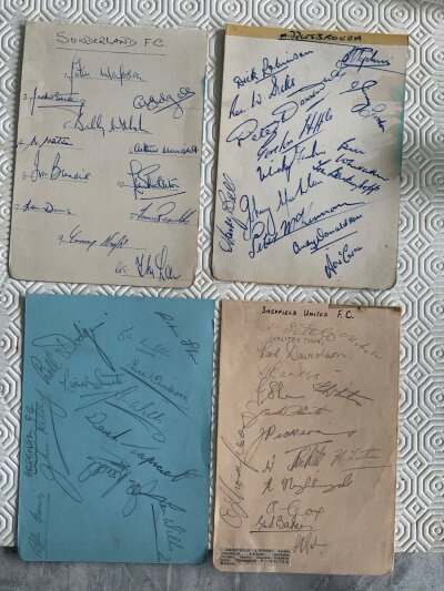 1950s Football Autograph Book Pages: Genuine autographs removed from autograph book to include full teams of Sheffield United Sunderland Burnley Fulham West Brom and Middlesbrough.