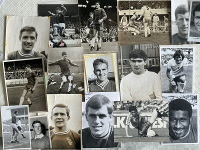 Signed Football Press Photos: Includes portrait and match action to include autographs of J Hollins C Best B Tambling T Cooper and G Hoddle. Most have press stamps and annotations. (17)