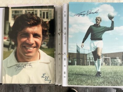 Leeds United Signed Football Collection: Quantity of magazine pictures often large size with many from the 60s. Includes Johanneson Charles Giles Reaney Clarke McQueen Yorath and Hunter. There are some white cards and a few photos included. (100+)