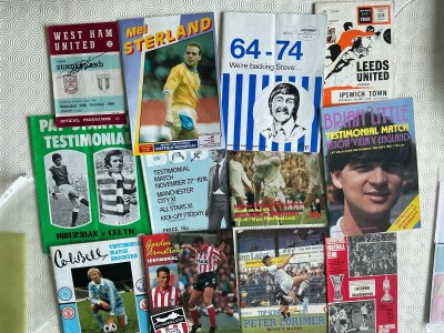 Signed Football Testimonial Programmes: Includes testimonials of Tony Book Colin Bell Billy Bremner Brian Little Mel Sterling and some others plus Geoff Hurst on the 1968 home match v Sunderland a match he scored.6 goals in.