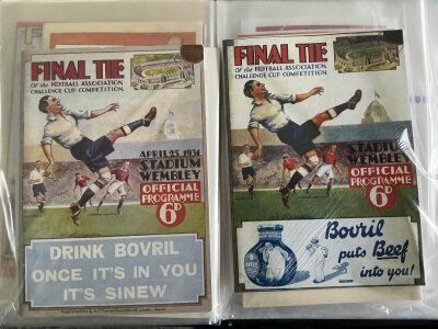 Pre War Reprint FA Cup Final Programme Collection: Incomplete run from 1889 to 1948 in mont condition housed in collectors folder. There are 6 from 1904 or older then 1909, 1911, 1915, 1920, 1922 - 1933 lacking 1930, 1935, 1936, 1937, 1939 - 1945, 1948. (34)