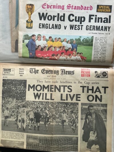 1966 World Cup Newspaper + Press Cuttings: Large quantity probably covering all matches to include a large folder which displays full newspapers and magazines. Many great scrapbooks could be made with these hundreds of cuttings.