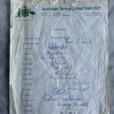 Signed Cricket Memorabilia: A4 creased page signed by 17 Australian players in 1977 that toured England and includes Marsh Chappell Hughes etc. 1975 Anglo American Sporting Club menu at the Hilton with Prince Charles in attendance which is signed to rear by Bedser Illingworth Edrich Barrington Laker Knott and others including Tommy Trinder. C/W few other signed cricket items. 
