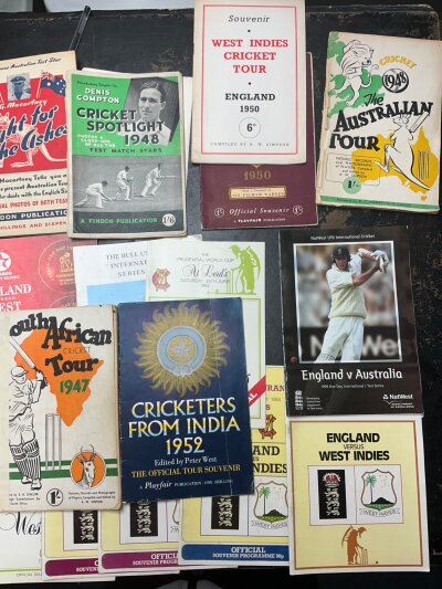 Cricket International Signed Tour Brochures: 1947 South Africa tour brochure signed throughout x 25, 1948 Australia with split spine signed inside by 10, India 1952 x 18, Fight For The Ashes 1948 signed by 12 in total from both teams. There are many more from the 80s and 90s with good England and opposition autographs. Nice lot.