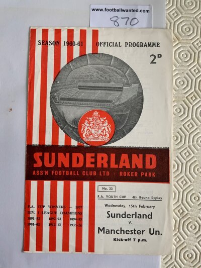 60/61 Sunderland v Manchester United Youth Cup Football Programme: Excellent condition 4th round replay with no team changes.