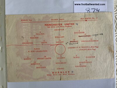 44/45 Manchester United v Burnley Football Programme: Fair condition single sheet for the North Cup match dated 31 3 1945. Team changes and tear. Man Utd went on to play Bolton in the final.