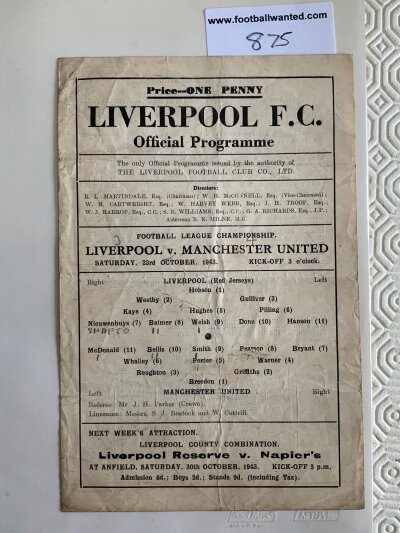 43/44 Liverpool v Manchester United Football Programme: Good condition single sheet league match with pencilled team changes. Creasing.