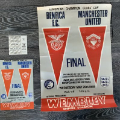 1968 Benfica v Manchester United European Cup Final Memorabilia: Original programme and ticket for famous match at Wembley. C/W poster which has creasing and could be original. (3)