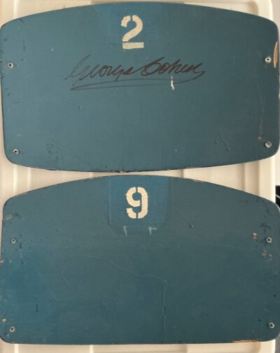 England 1966 Wembley Signed Seat Backs: Blue original seat backs from the old Wembley incredibly with seat number matching shirt number of player who has signed them. For example Alan Ball has signed seat number 7. Other seats signed by Cohen Hunt Peters Hurst J Charlton Greaves Wilson and Stiles. Additionally there is a number 9 seat that is not signed and would have been Bobby Charlton. There is an individual coa stating each seat is original. 10 seat backs with 9 autographs.