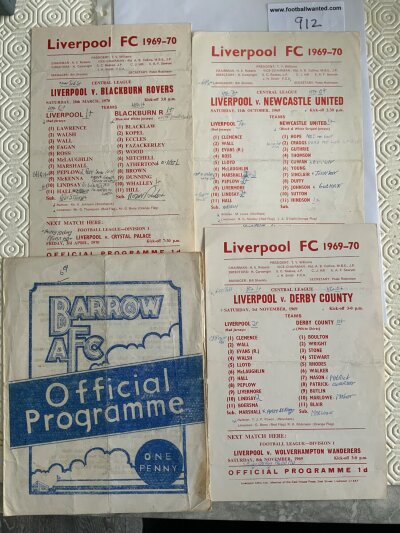 Liverpool 69/70 Reserve Football Programmes: Home reserve Central League single sheets v Blackburn Derby Leeds and Newcastle plus an away pre season friendly at Barrow. C/W 71/72 Leeds. Fair condition with writing (6)