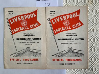 61/62 Liverpool v Rotherham Postponed Football Programme: Programme number 21 dated 30 12 1961 along with played match on 28 3 1962. Both excellent with no writing. (2)