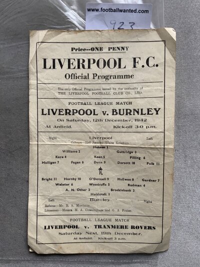 42/43 Liverpool v Burnley Football Programme: League match dated 12 12 1942 in fair/good condition with no team changes. Single sheet has folding and creasing.