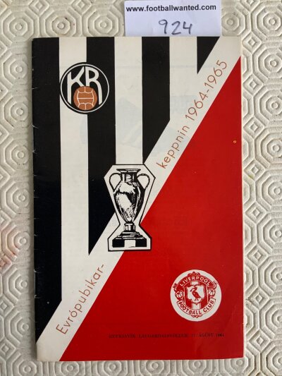 64/65 KR v Liverpool Football Programme: Excellent condition European Cup programme with no team changes for match played in Iceland. This was Liverpools first match in a European competition.